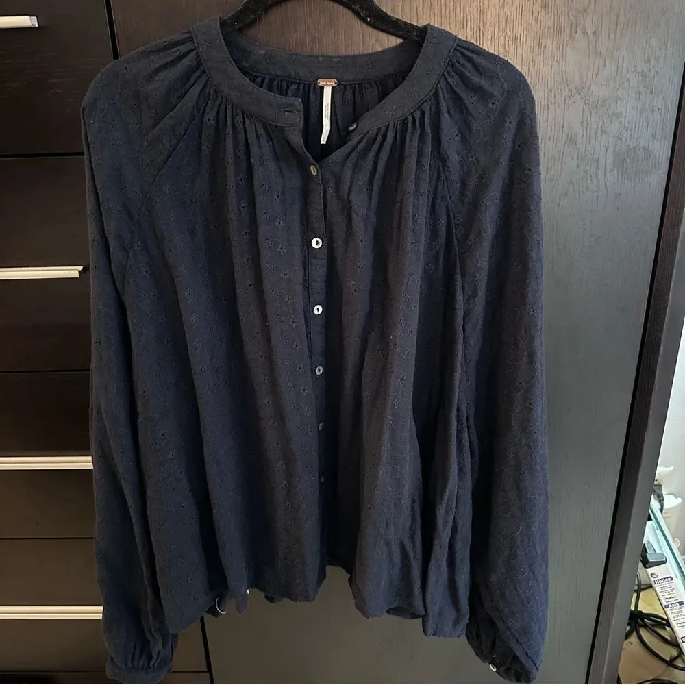 Free People Floral Embroidered Eyelet Oversized Blouse, Navy Blue